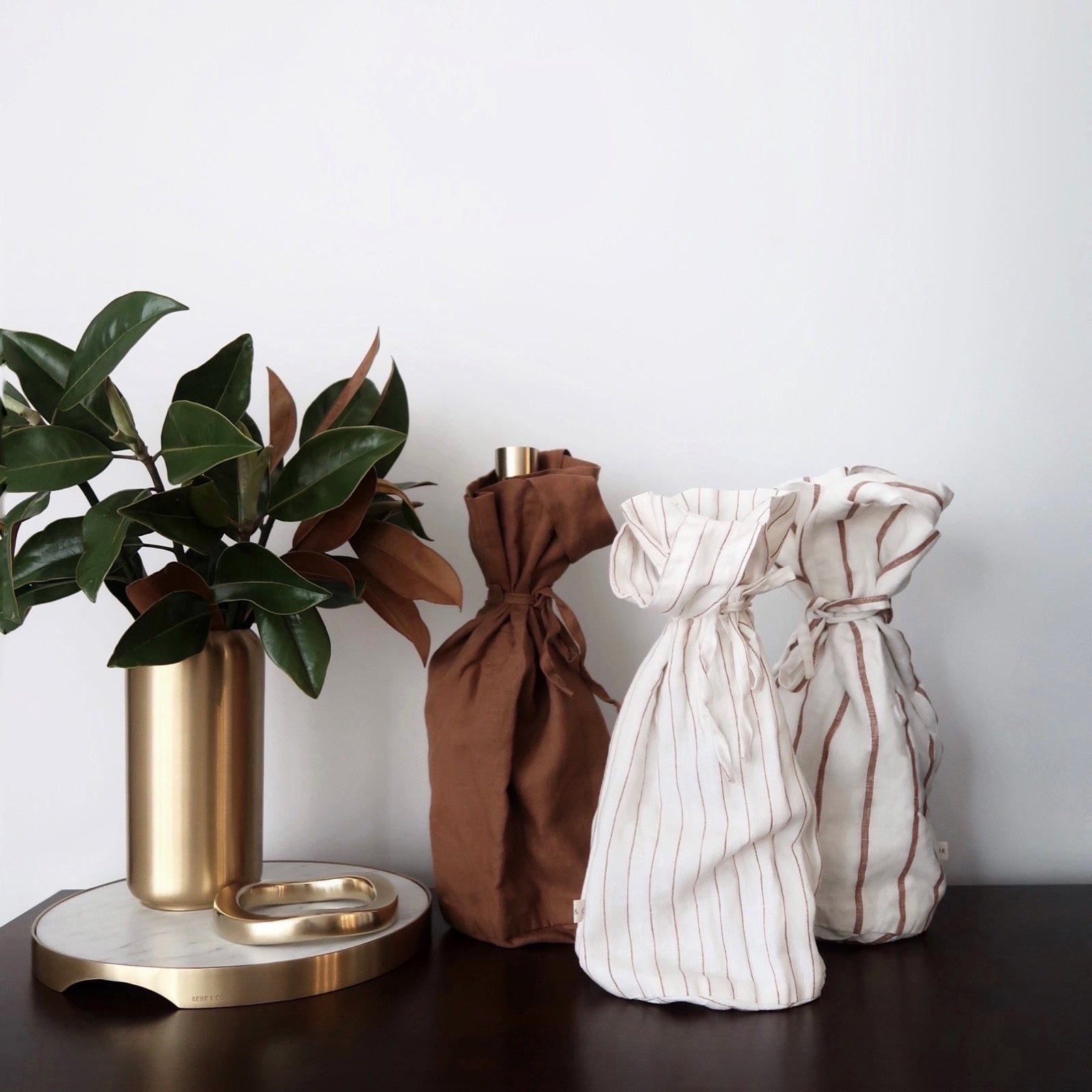 STONEWASHED LINEN BOTTLE POUCH | Ginger Pinstripe - Shop premium Home Decor for modern interiors - premium homewares - luxury home decor online