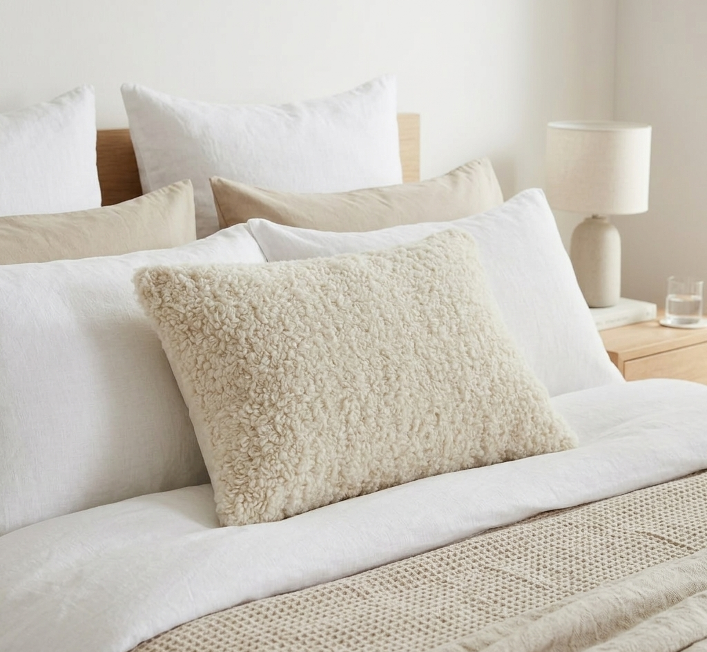 Neatly made bed with white and beige pillows and a lamp in the background.