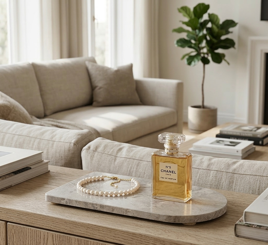 Chanel perfume bottle on a tundra arch stone in a living room setting