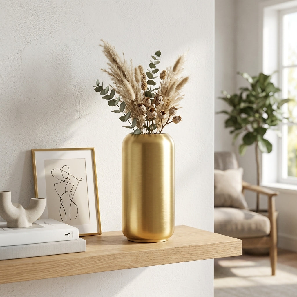 Gold vase with dried plants on a wooden shelf in a bright room.
