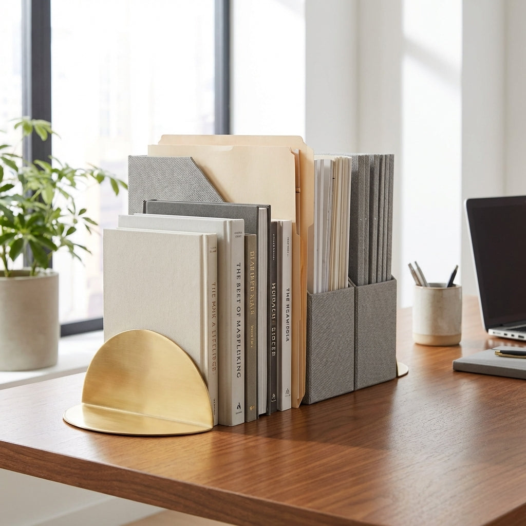 Bookend on a desk with books and a plant in the background