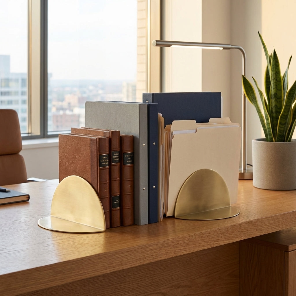 Bookend on a wooden desk with a cityscape view through a window.