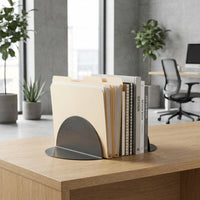Bookend holding books on a desk with a modern office background