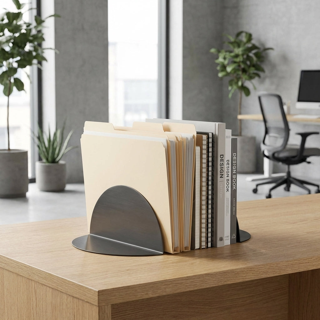 Bookend holding books on a desk with a modern office background