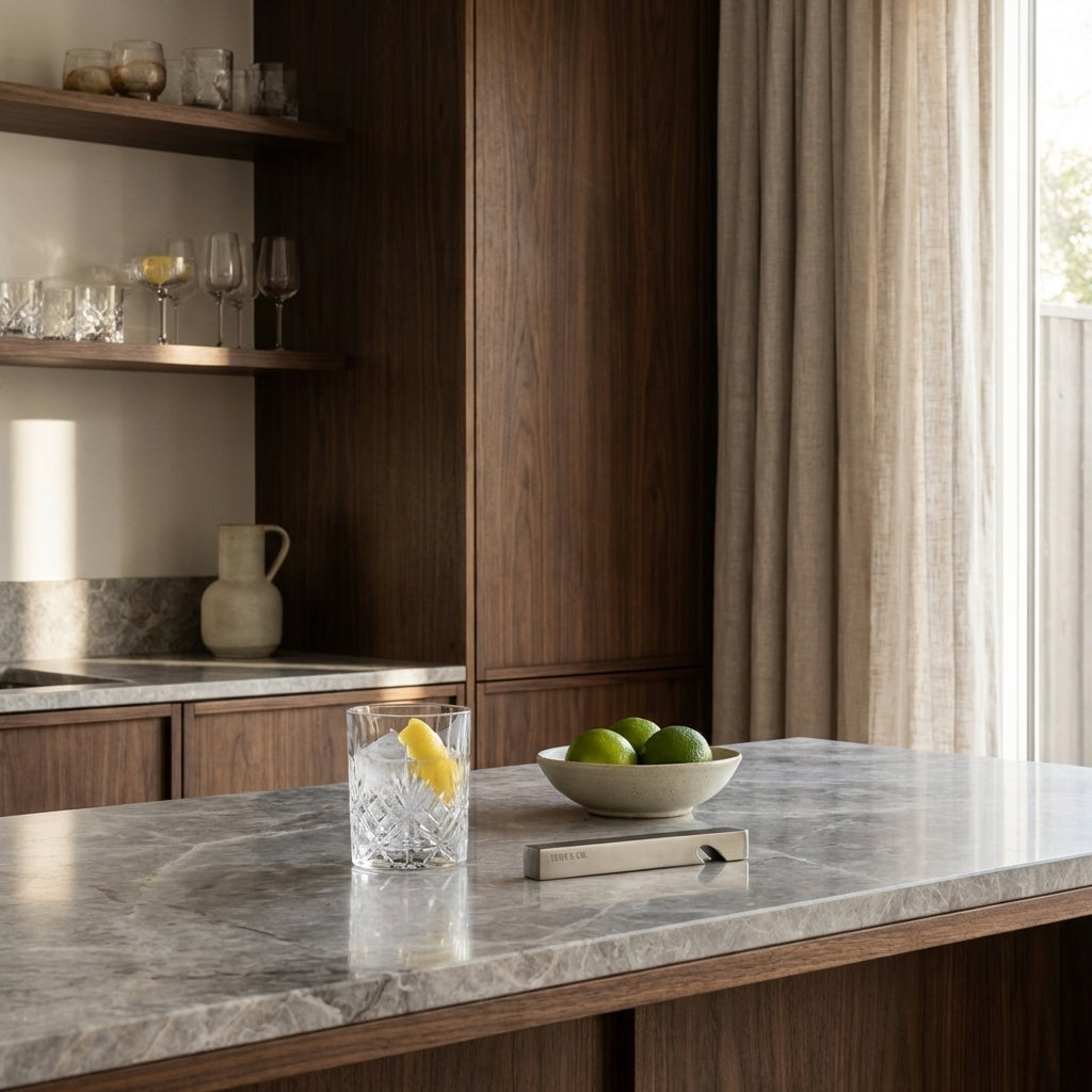 Modern kitchen with marble countertop, glass of water with lemon, bowl of limes and a BEHR & CO bottle opener.