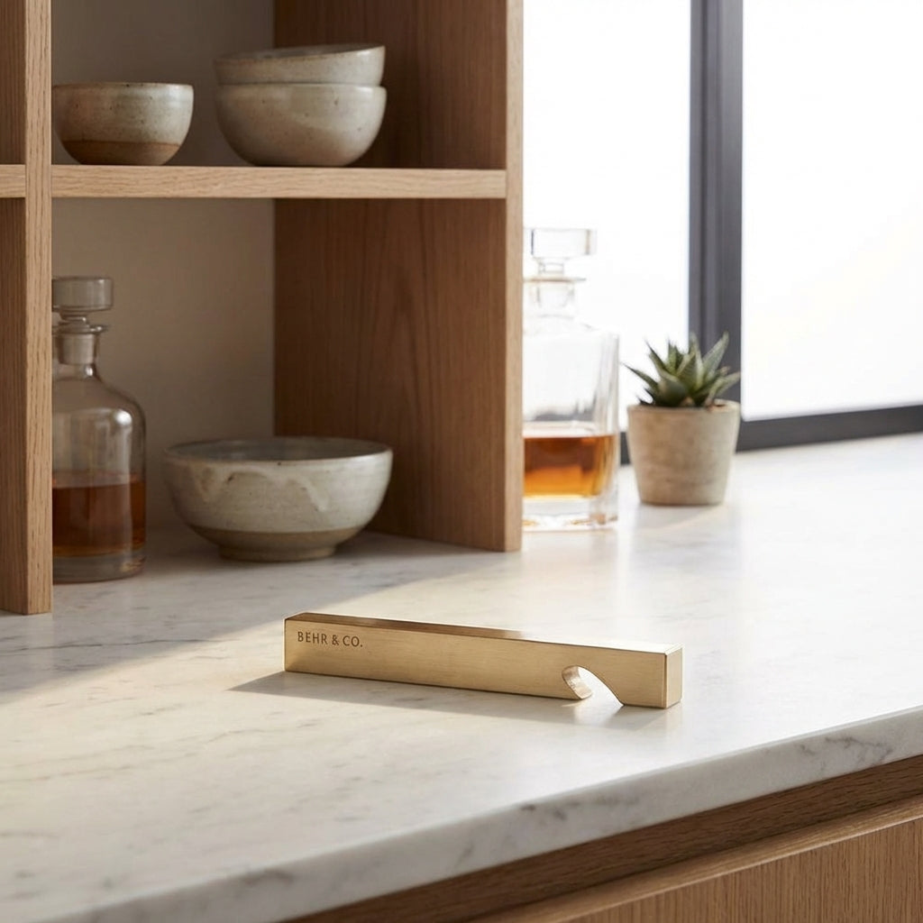 Gold bottle opener on a marble countertop with a wooden shelf in the background