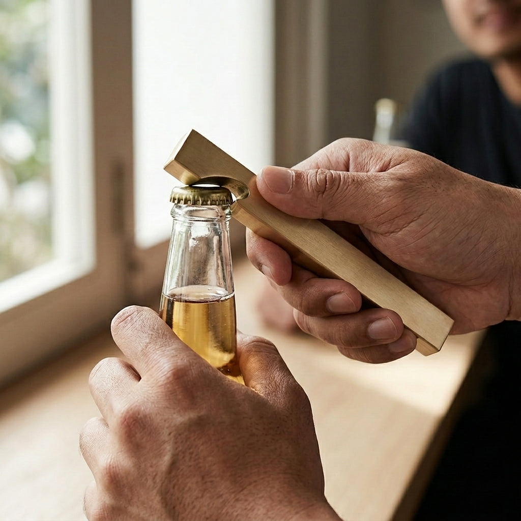 Person using a wooden bottle opener on a glass bottle with a blurred background