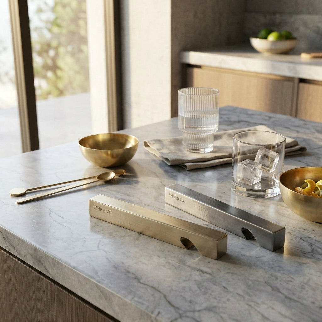 Stylish bottle openers on a marble countertop with a modern kitchen setting.