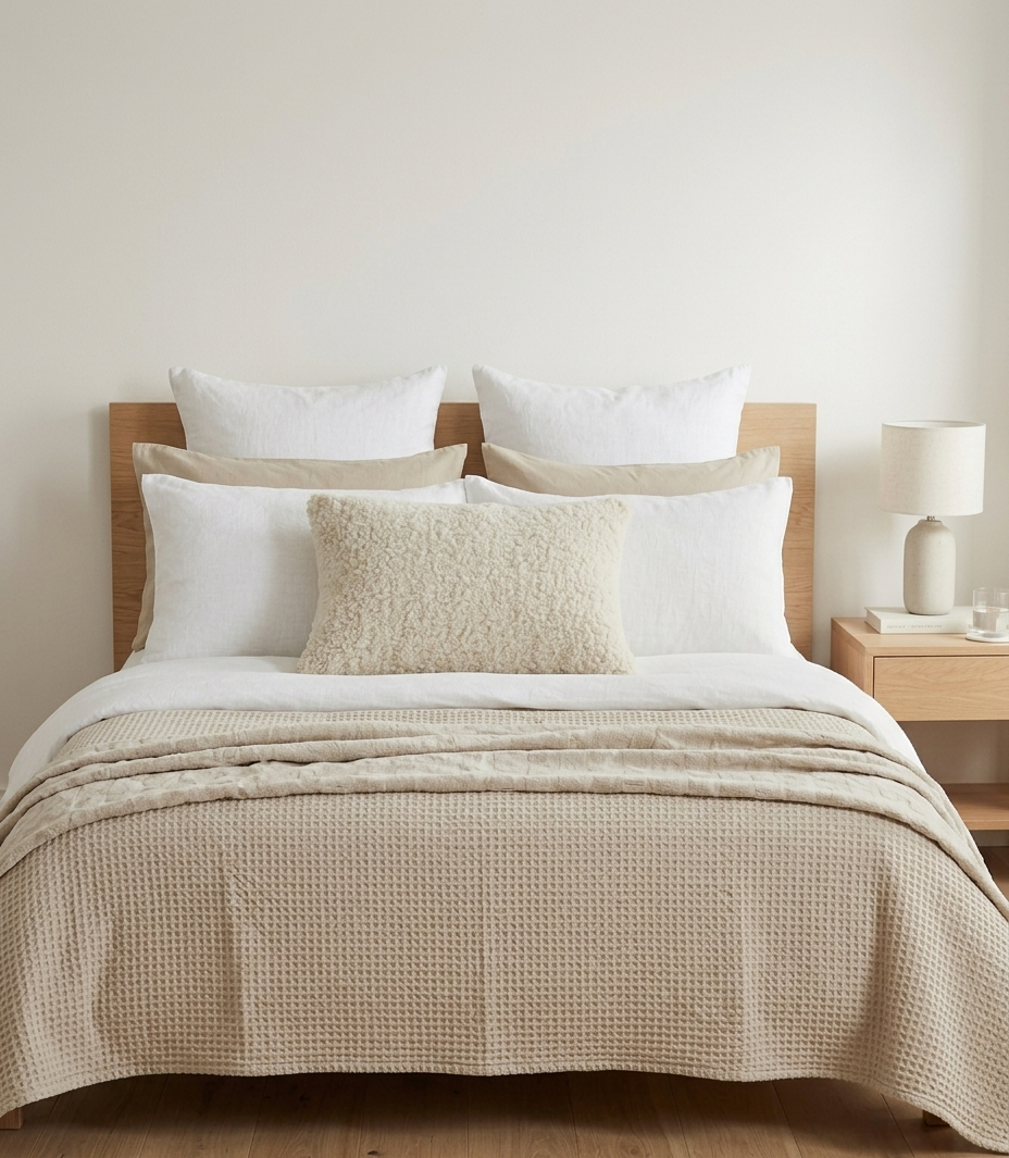 Neatly made bed with alpaca boucle cushion cover and other pillows in a bedroom setting.