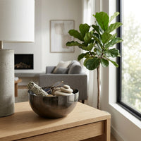 Bowl with decorative items on a wooden table in a living room setting