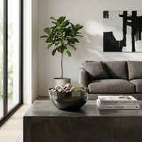 Modern living room with a black bowl,  gray sofa, decorative plant, and books on a coffee table.