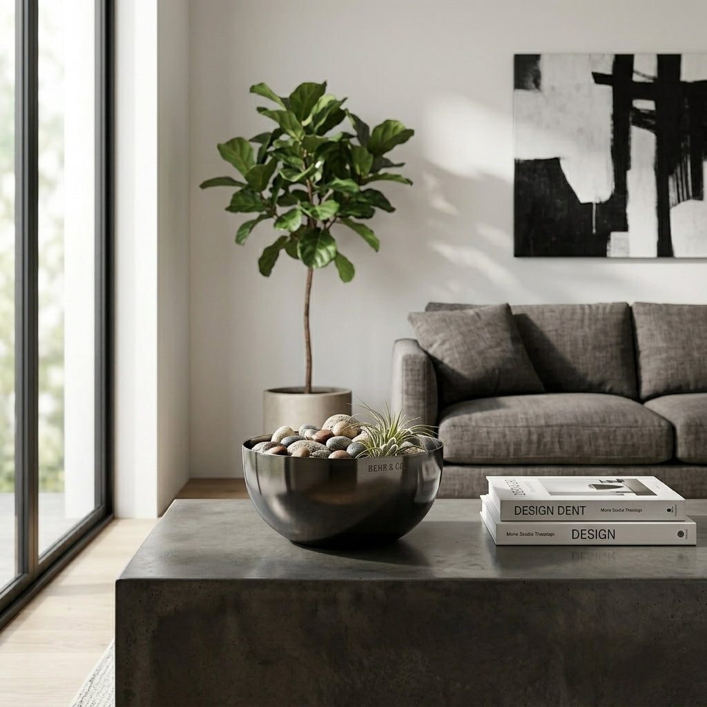 Modern living room with a black bowl,  gray sofa, decorative plant, and books on a coffee table.