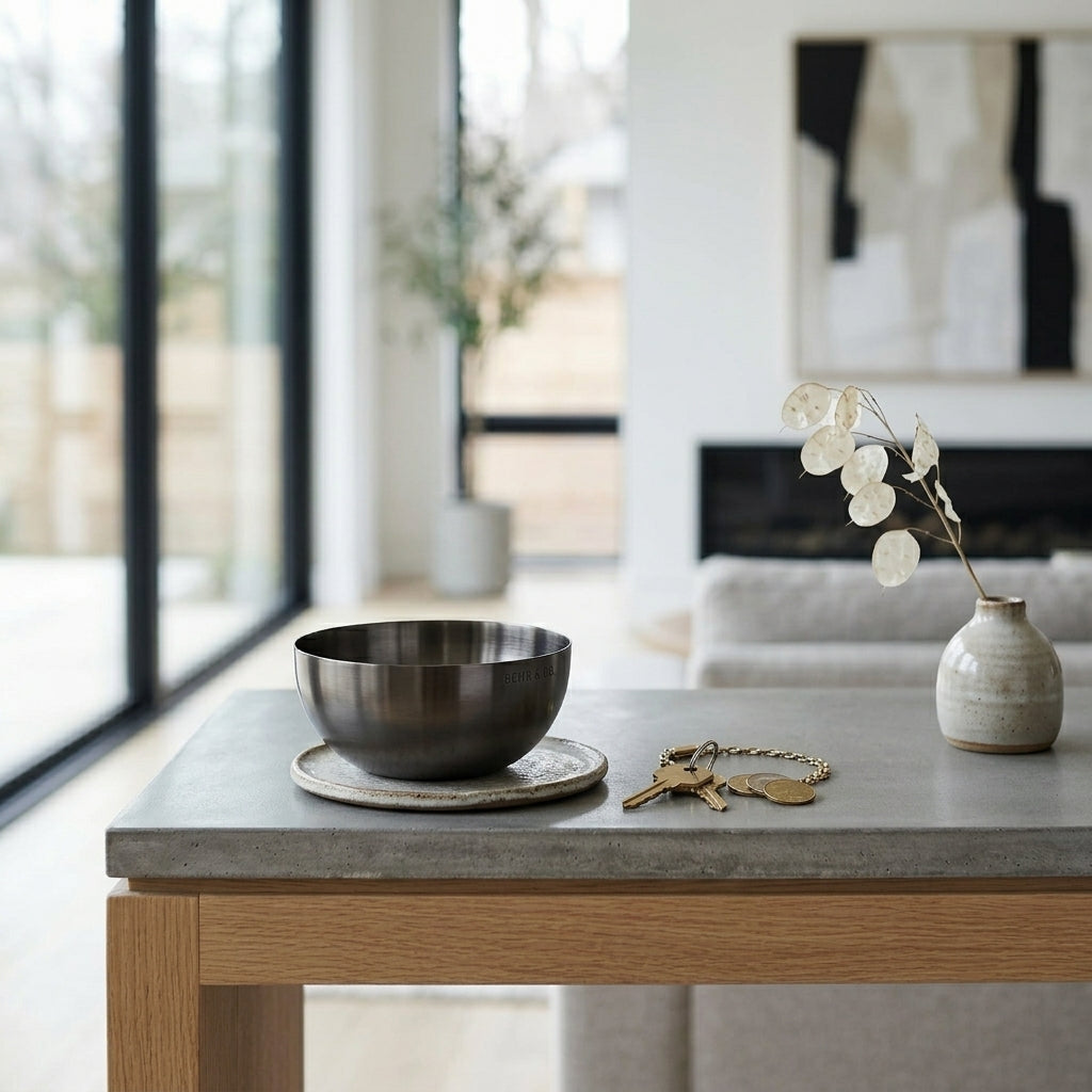 Modern living room with a coffee table featuring a black bowl, keys, and a vase.