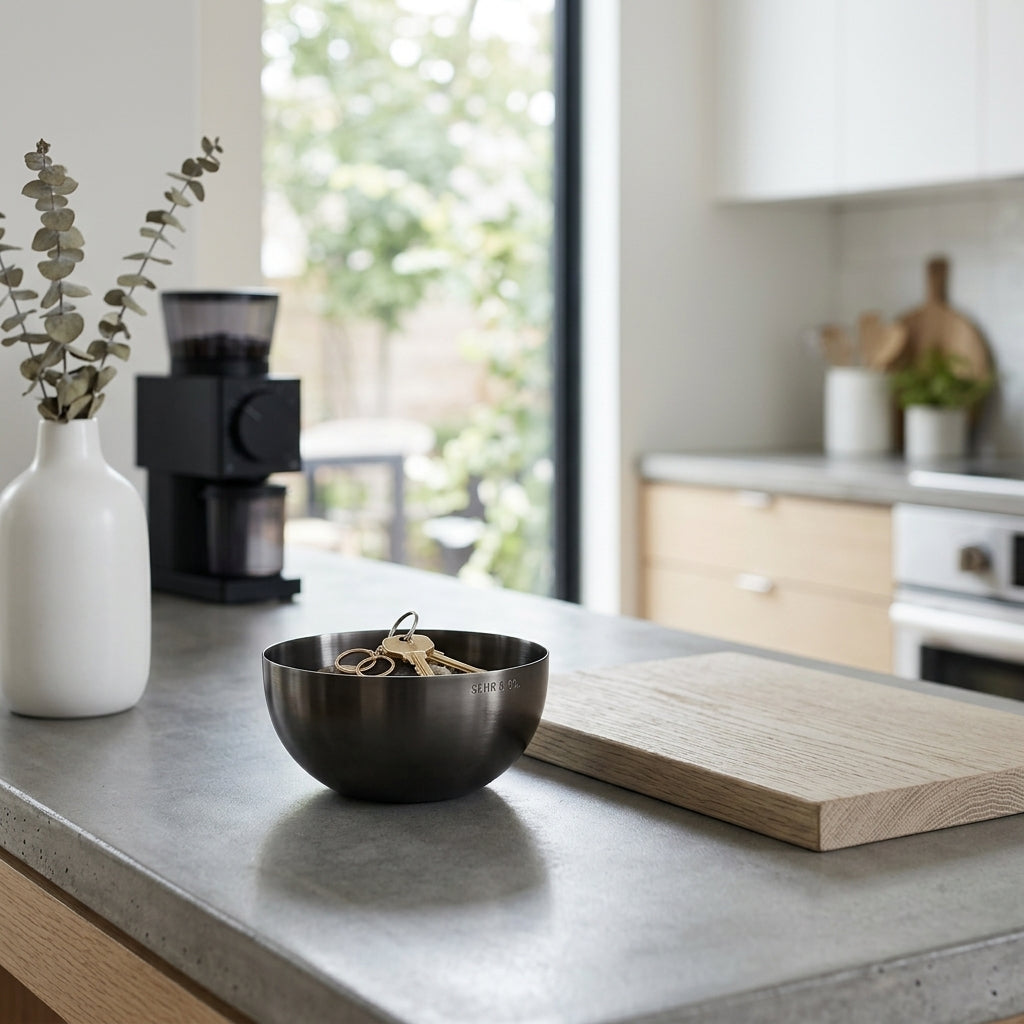 Modern kitchen counter with a black bowl, wooden cutting board, and coffee maker.