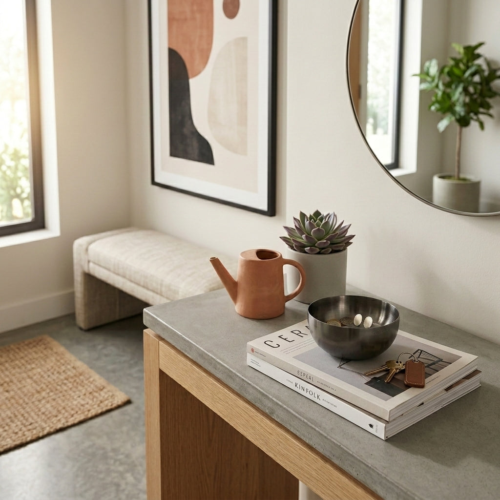 Small black bowl on a small table, books, teapot, and plant in a home setting.