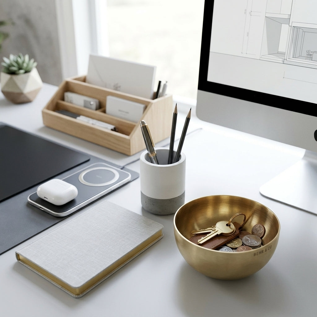 Modern office desk with a computer, notebook, and keys and coins in a small brass bowl