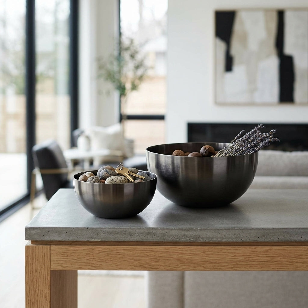 Two black bowls on a table with decorative items in a modern living room.