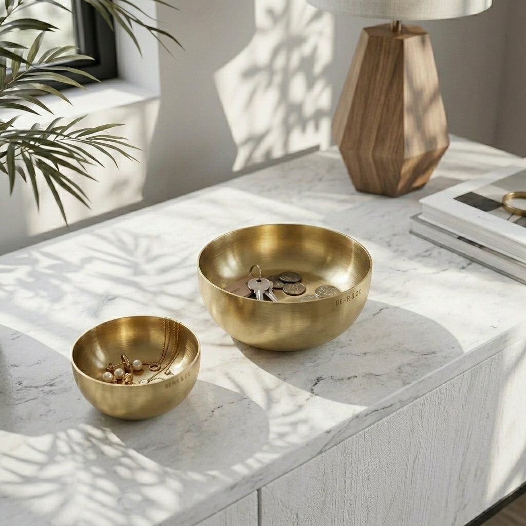 Two brass bowls on a marble surface with a lamp and books in the background.