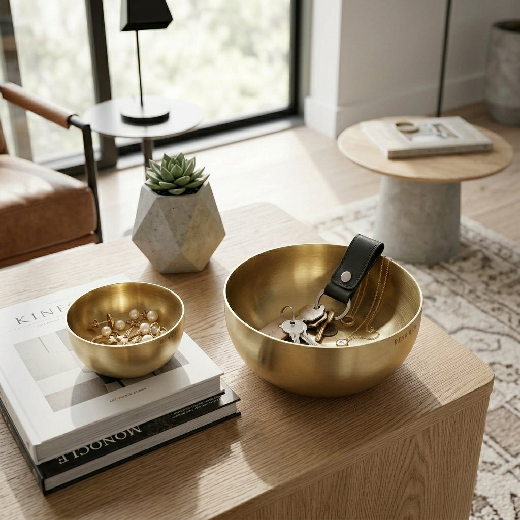Gold bowls on a wooden table with books and a plant in the background
