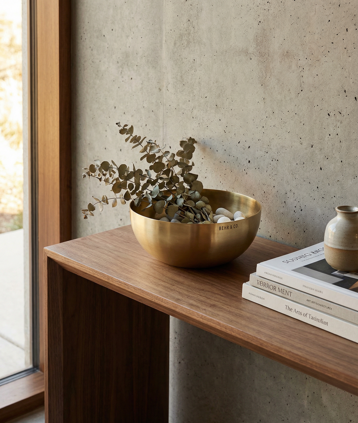 Brass bowl with eucalyptus on a wooden surface against a concrete wall.
