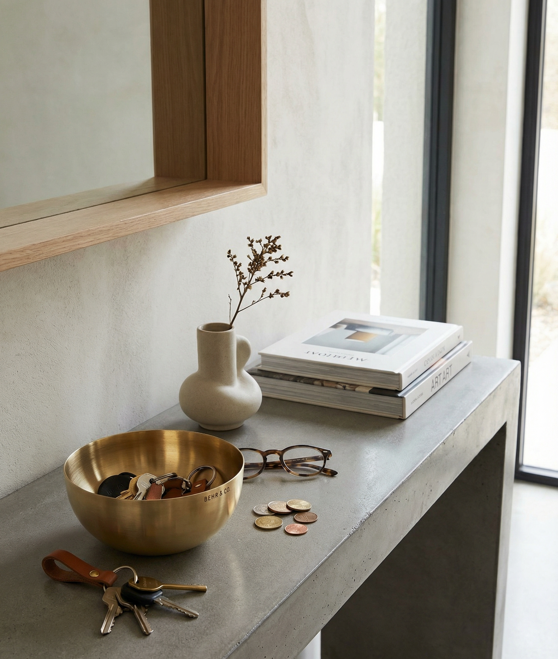 Small table with a brass bowl, white vase, books, and keys in a room with a window.