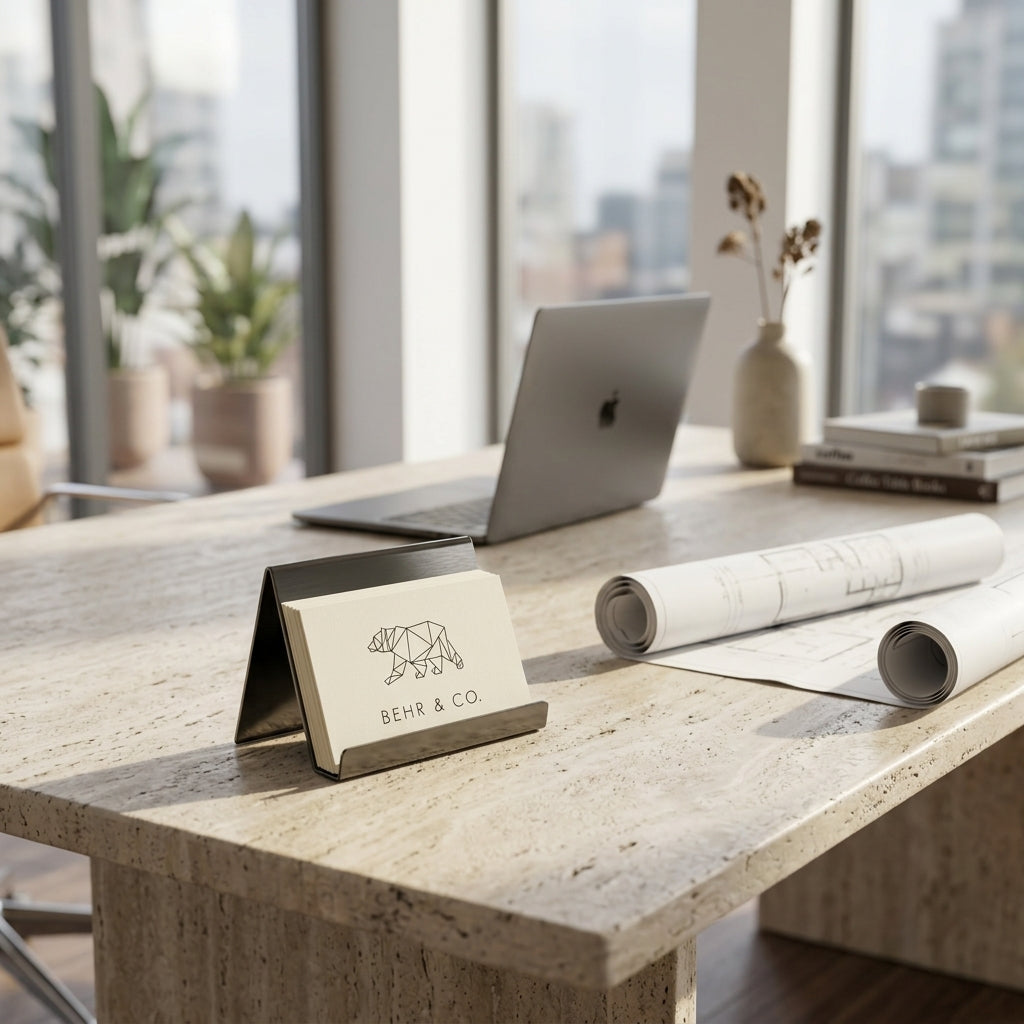 Modern office desk with black nickel business card holder and a view of cityscape
