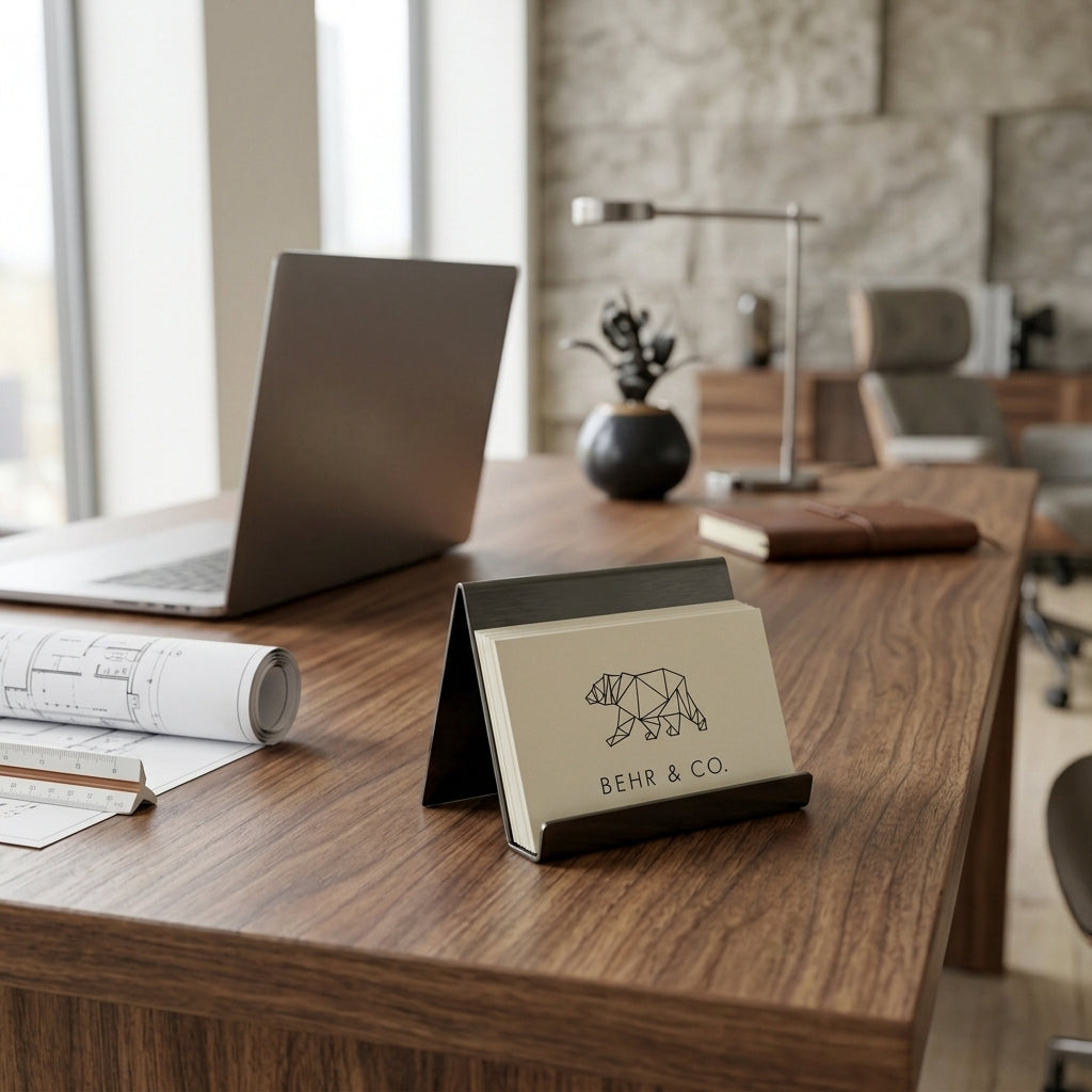 Laptop on a wooden desk with a Behr & Co product in the foreground, in an office setting.