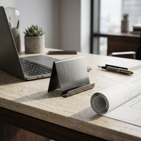 Laptop on a wooden desk with a smartphone stand, pen, and rolled-up paper in a blurred office setting.