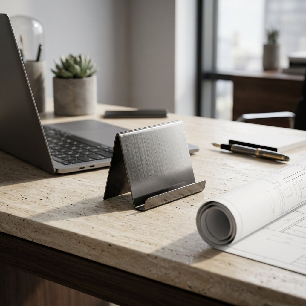 Laptop on a wooden desk with a smartphone stand, pen, and rolled-up paper in a blurred office setting.