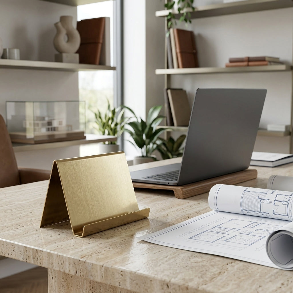 Laptop on a wooden stand with a phone stand and blueprints on a desk in a home office setting.
