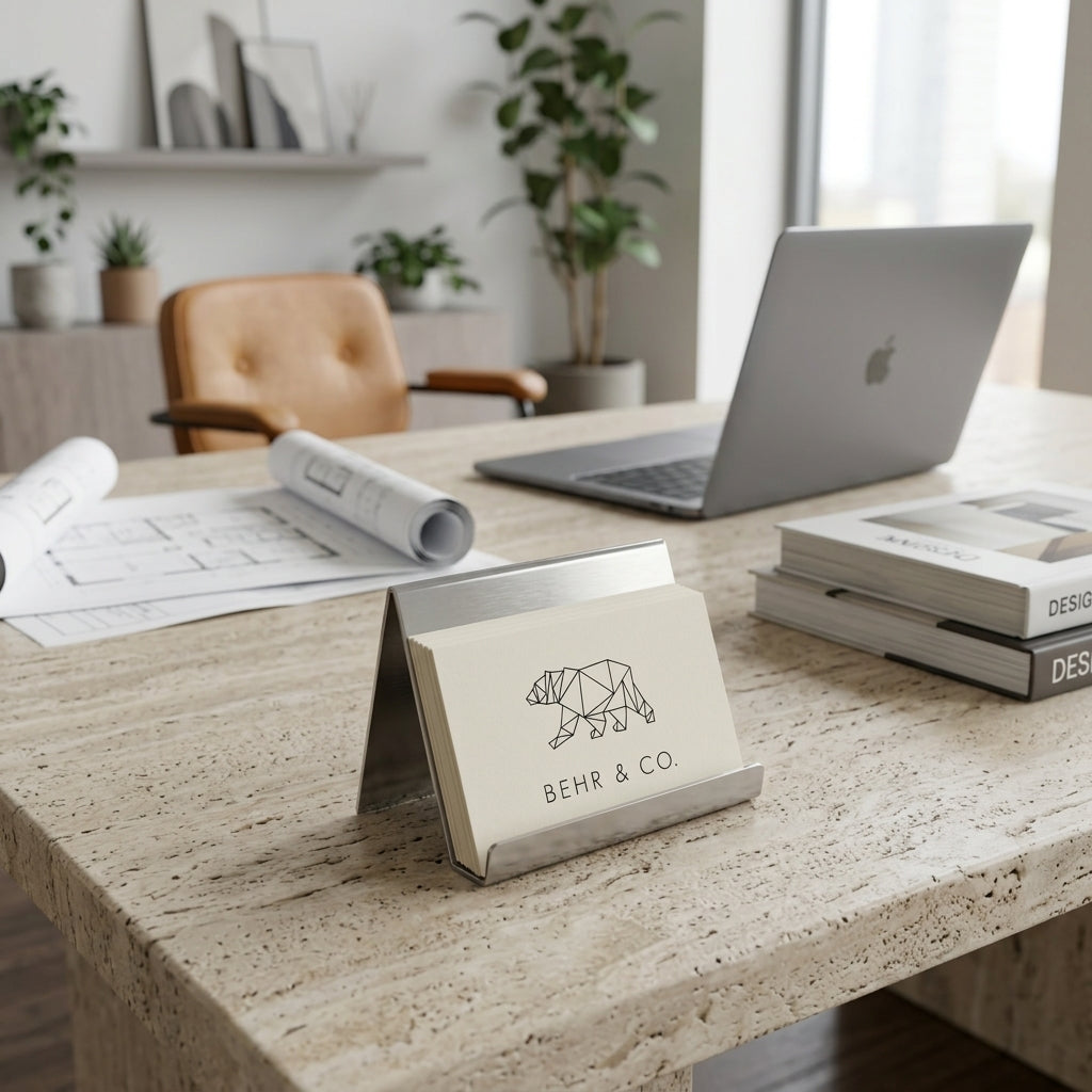 BEHR & CO cards on stainless steel card holder with laptop and books on a light marble surface.