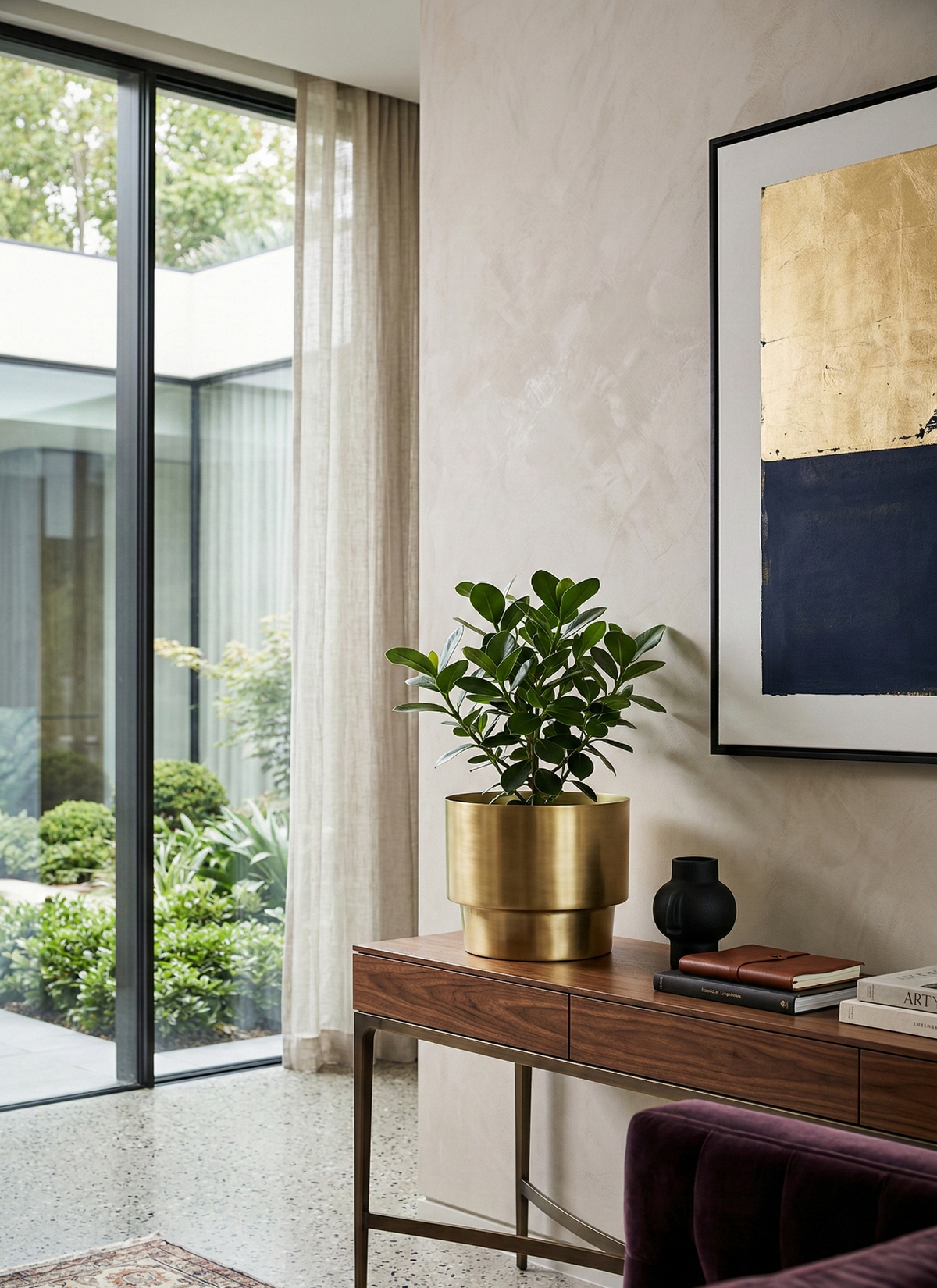 Modern interior with a plant in a gold pot, framed artwork, and a window view of greenery.
