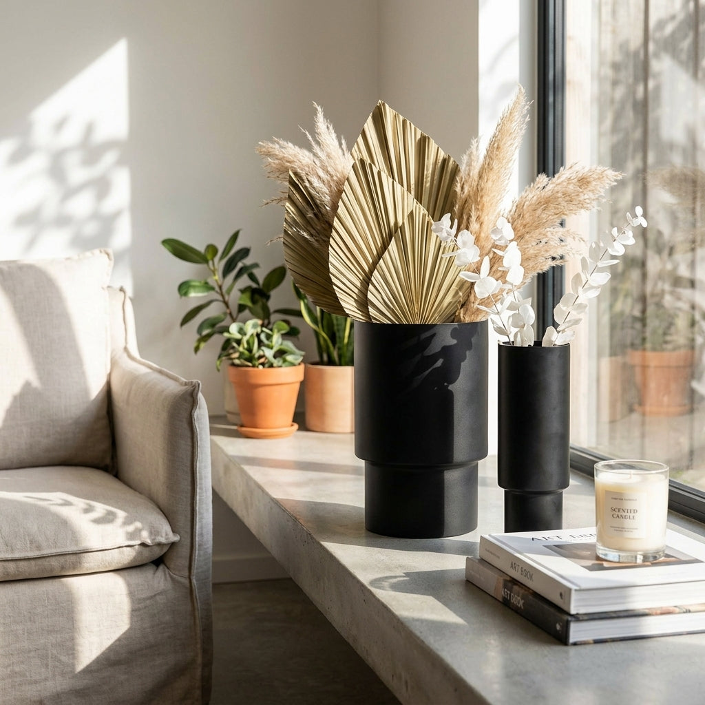 Decorative vases with dried plants on a windowsill in a bright room.