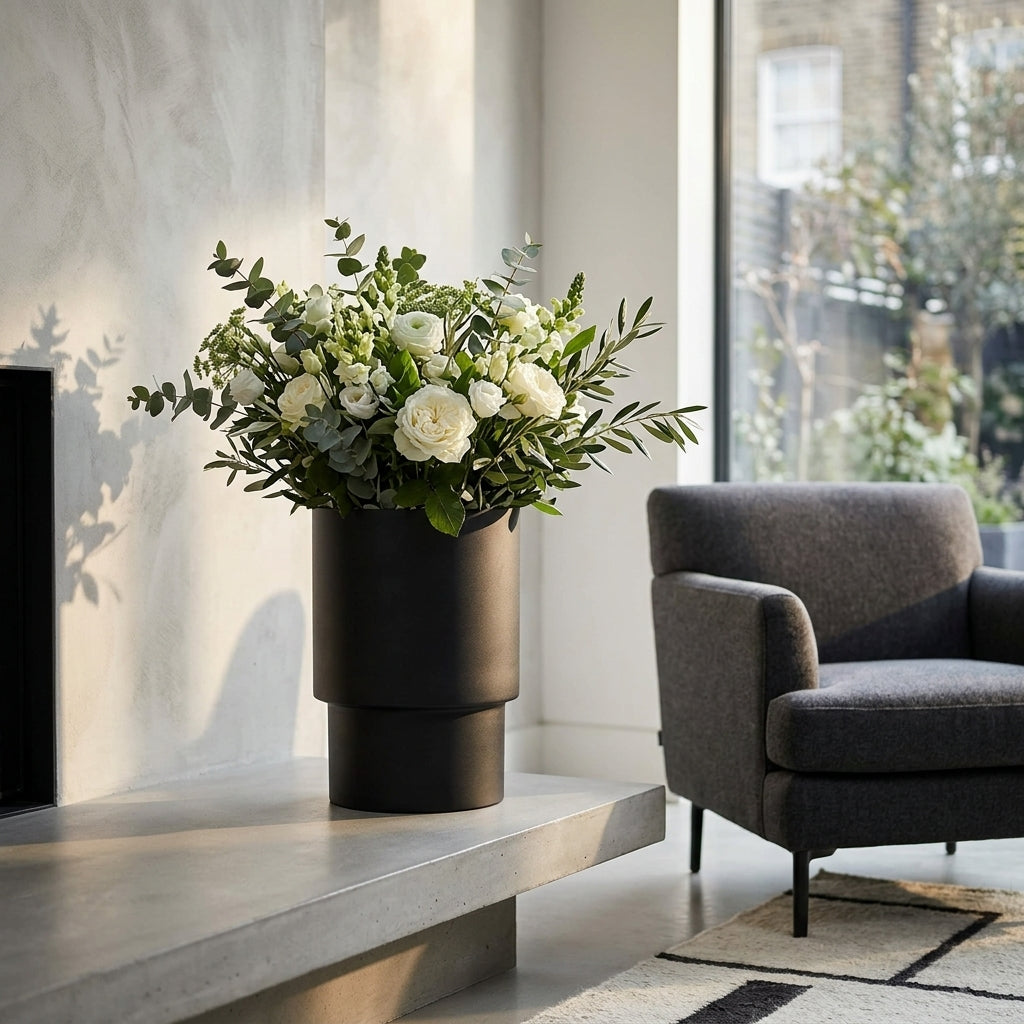 Modern interior with a vase of flowers on a table and a chair in the background.