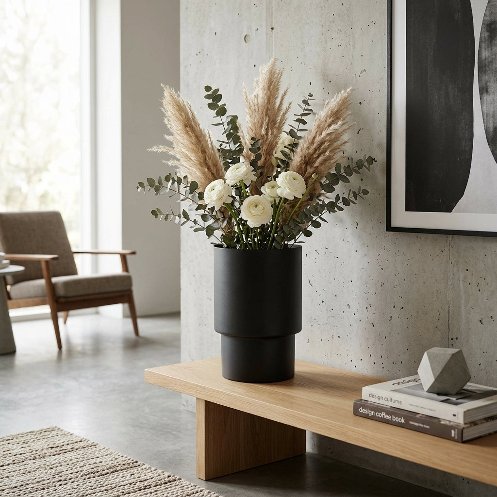 Modern living room with a vase of flowers on a wooden bench.