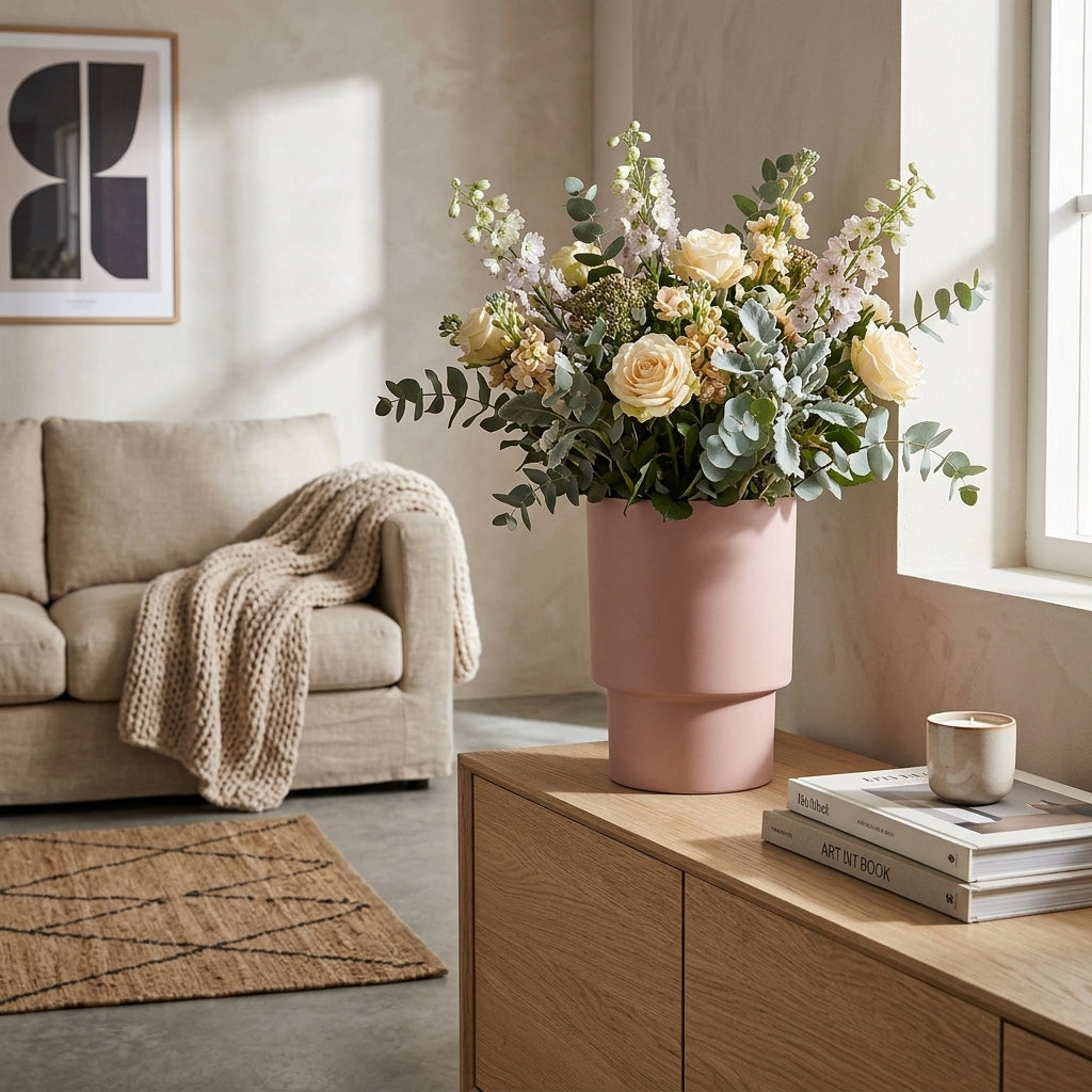 Living room with a beige sofa, pink vase with flowers, and wooden cabinet.