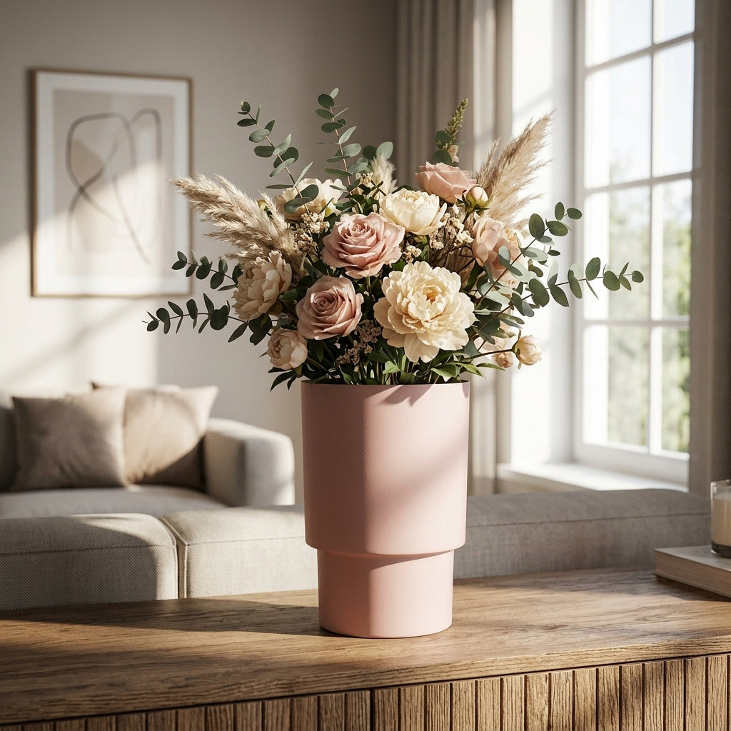 Pink vase with flowers on a wooden table in a living room.