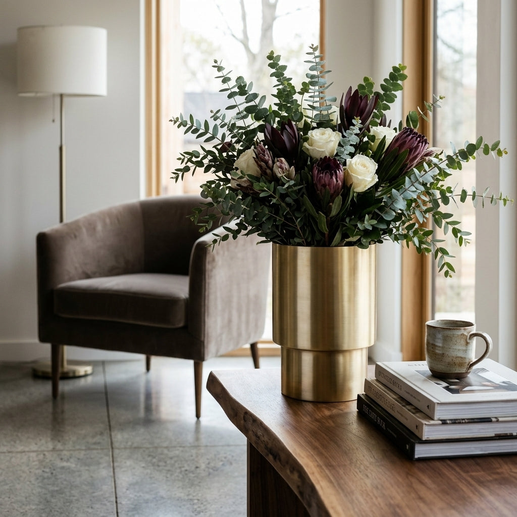 Bouquet of flowers in a gold vase on a wooden table with books and a mug in a living room setting.