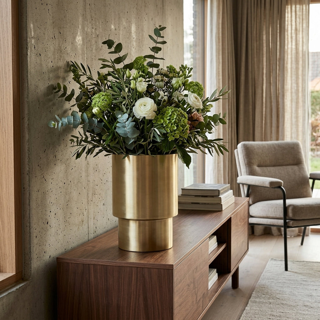 Decorative bouquet in a gold vase on a wooden console table with a chair and window in the background.