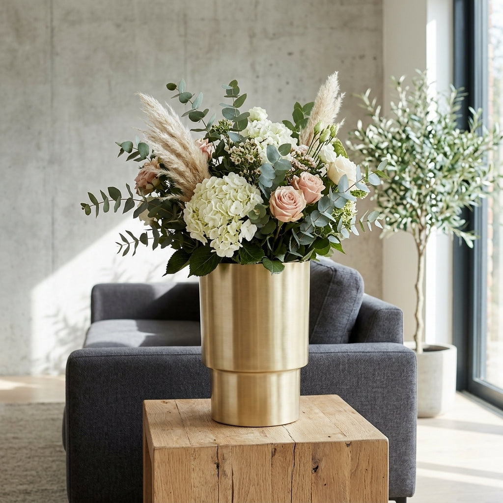 Floral arrangement in a gold vase on a wooden table with a gray sofa and large window in the background.