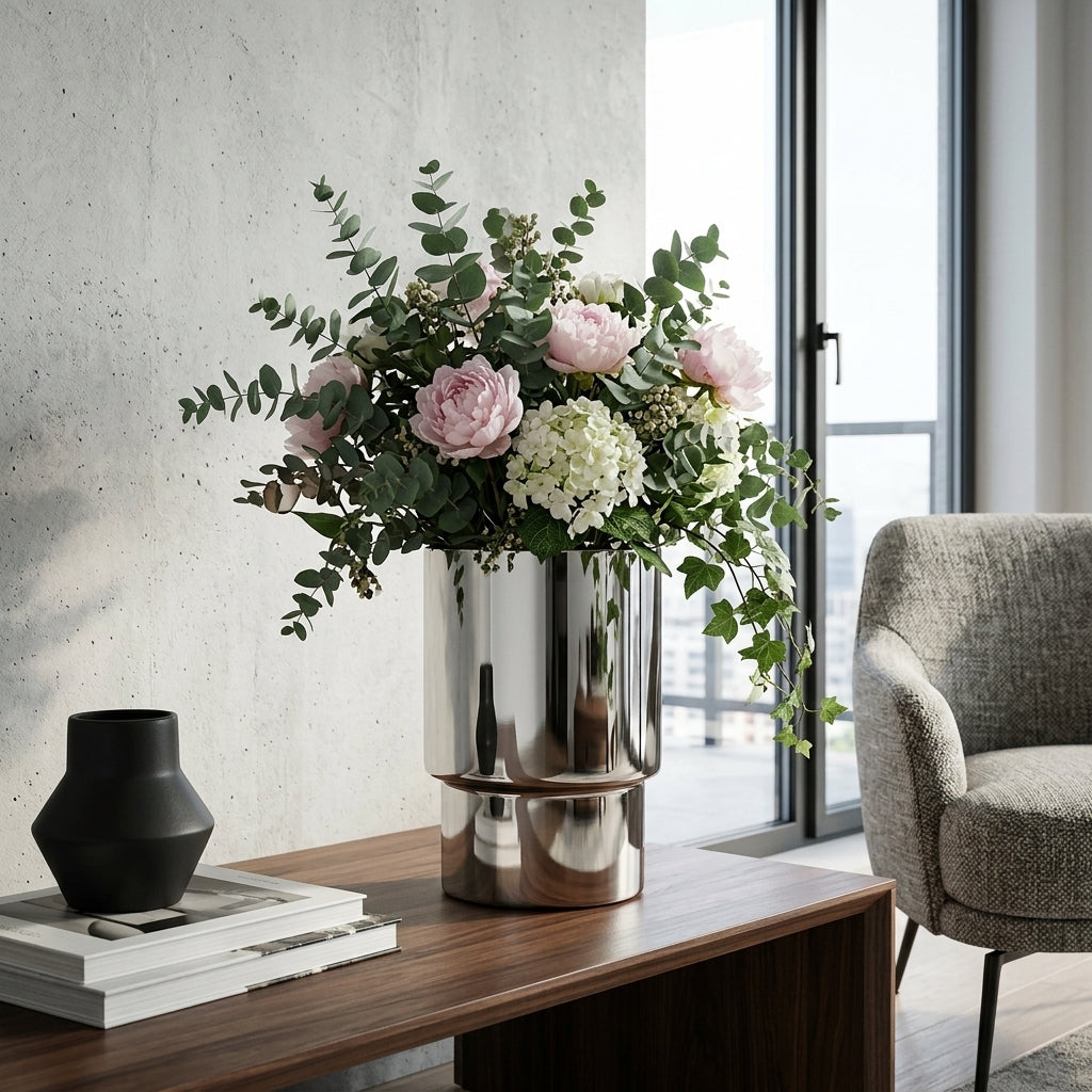  Bouquet of flowers in a silver planter on a wooden table with a chair and books in the background.