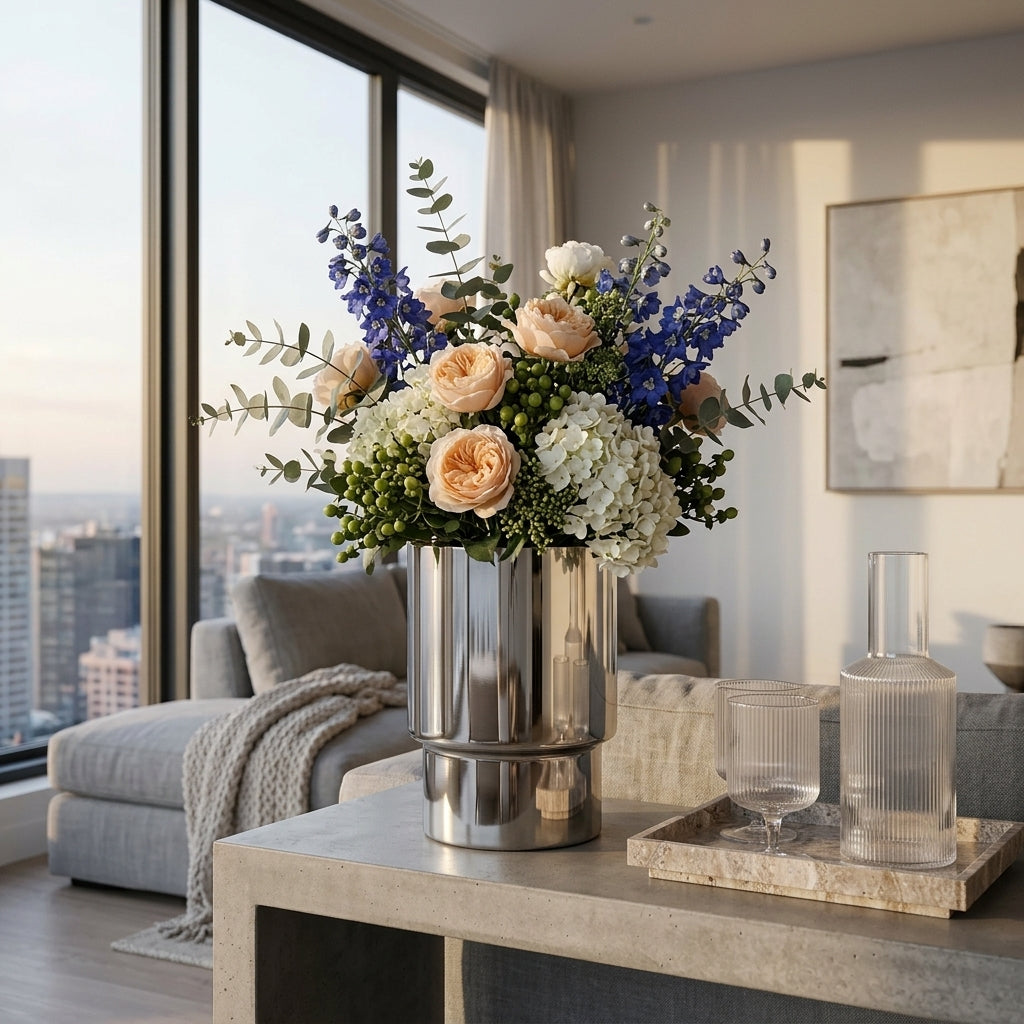 Modern living room with a large flower arrangement in a metallic vase on a coffee table.