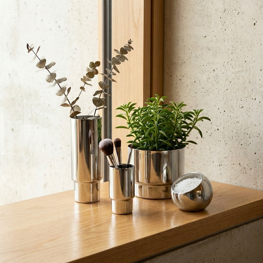 Decorative items including plants and makeup brushes on a wooden surface.