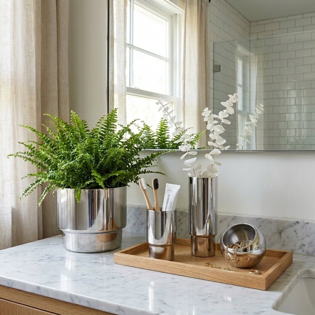 Steel pot with small chrome tooth brush holder, a chrome tall planter with a sphere or a salt holder. 