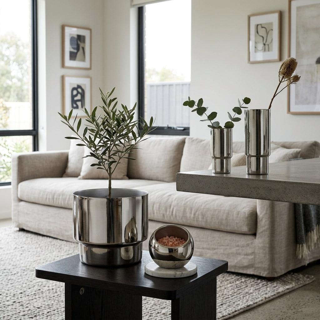 Modern living room with a beige sofa, decorative plants in stainless steel pot and vessels and a coffee table. 