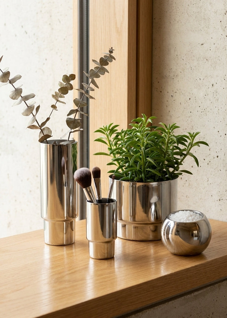 Decorative setup with metallic planters, a mirror, and makeup brushes on a wooden surface.