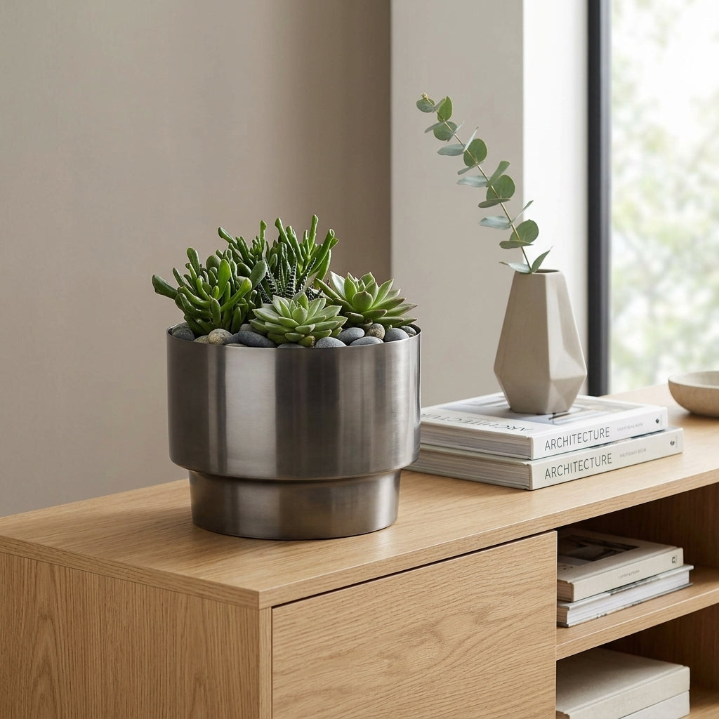 Potted plant in a large vase with books and a vase in the background