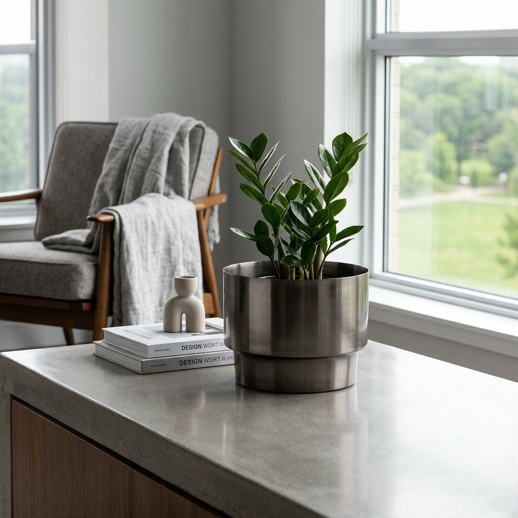 Black nickel pot with a plant on a table, books, and a chair with a blanket.