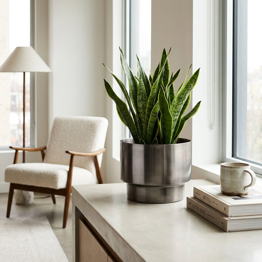 Potted plant in a metal planter with a chair and books in a bright room