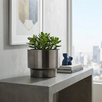 Modern interior with a potted plant in a century pot by a window with cityscape view.